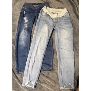 Two Jeans Womens Small Maternity Light Wash Skinny Elastic Waist Raw Hem Pull On